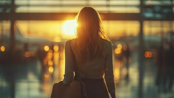 Businesswoman Walking Through Airport Terminal at Sunset with Elegant Silhouette photo