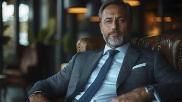 CEO Reviewing Business Reports in a Modern Office Setting with a Thoughtful Expression photo
