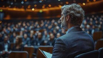 Confident Businessman Speaking to Engaged Audience at a Professional Event photo