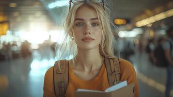 Businesswoman in Airport Reviewing Documents with Focused Expression and Soft Light photo