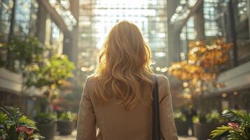 Businesswoman Walking Through Modern Urban Office Space with Natural Lighting photo