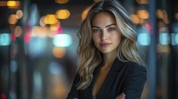 Confident Businesswoman Standing in Modern Office with Blurred Background Lights photo