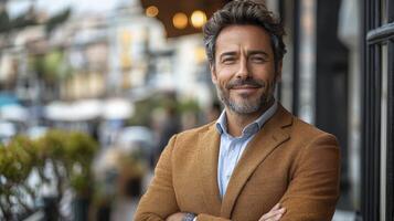 Confident Businessman Smiling Outside a Modern Cafe with Stylish Attire and Warm Vibe photo