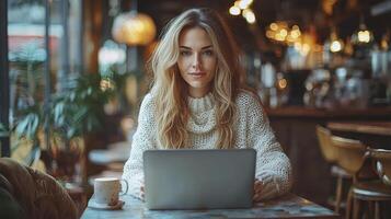 Businesswoman Typing on Laptop in Cozy Cafe with Ambient Lighting photo