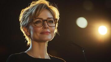 Confident Businesswoman in Glasses Delivering Speech on Stage Under Bright Lights photo