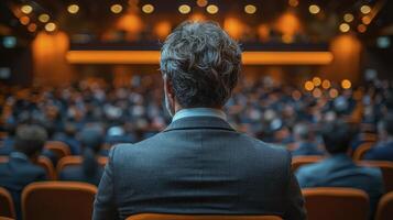 CEO Addressing Employees in an Engaging Conference Setting with Warm Lighting photo
