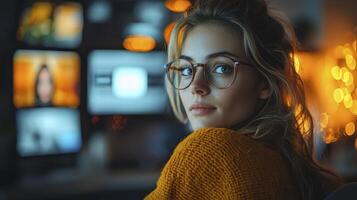 Businesswoman Taking Notes in Cozy Office Environment with Creative Background Lighting photo