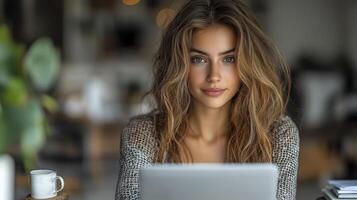 Businesswoman Reviewing Documents on Laptop in Modern Office Space photo