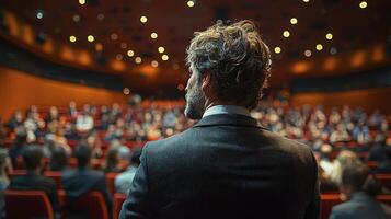 Confident Businessman Delivering Speech to Engaged Audience in Modern Auditorium photo
