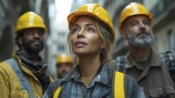 Diverse Team of Builders and Architects Observing Construction Site with Safety Gear photo