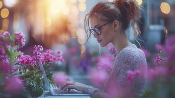 Businesswoman Typing on Laptop Surrounded by Beautiful Pink Flowers in Soft Lighting photo