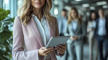Businesswoman with Tablet in Modern Office Setting Surrounded by Colleagues photo