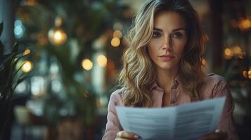 Professional businesswoman reviewing documents in a modern office setting photo