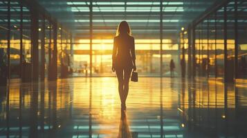 Businesswoman Walking Through Airport Terminal at Sunset with Reflections on Floors photo