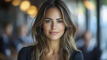 Confident Businesswoman with Long Hair in a Professional Setting Smiling at Camera photo