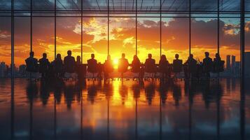 CEO Reviewing Business Strategies Against Sunset View in Modern Office Setting photo