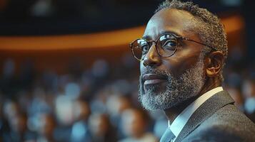 Confident CEO Engaged in Public Speaking at Business Conference Event photo