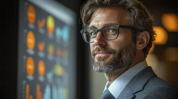 Businessman Presenting Data in Office Environment with Charts and Visuals in Background photo