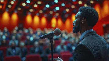 CEO Delivering Motivational Speech to Engaged Audience in Modern Conference Hall photo