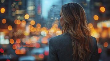 Businesswoman Confidently Stands Against Urban Nightscape with Blurred City Lights photo