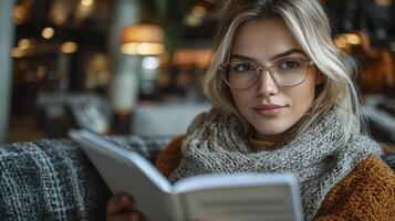 Businesswoman Reviewing Document in Cozy Coffee Shop Setting with Soft Lighting photo