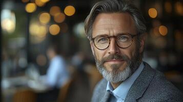 Confident Business Leader with Glasses Smiling in Modern Urban Cafe Environment photo