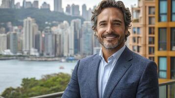 Confident Business Professional Smiling with City Skyline in Background photo