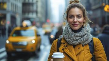Businesswoman Crossing Busy Street with Coffee in Hand During Urban Daytime Scene photo