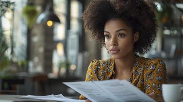 Businesswoman Enjoying Coffee While Reviewing Documents in Stylish Cafe Environment photo