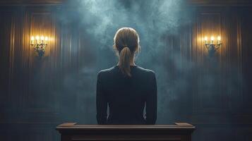 Businesswoman Standing Confidently at a Podium Surrounded by Smoky Atmosphere photo