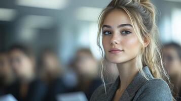 Businesswoman Delivering Presentation in Modern Office Setting with Audience photo