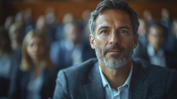 Confident CEO Delivering Engaging Speech to Captivated Audience in Conference Room photo