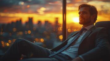 CEO Relaxing in Modern Office with Stunning City Sunset Background photo