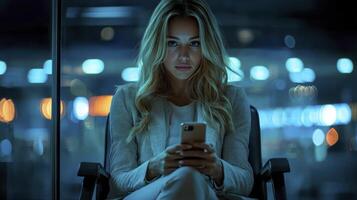 Businesswoman Using Smartphone in Modern Office Atmosphere at Night photo