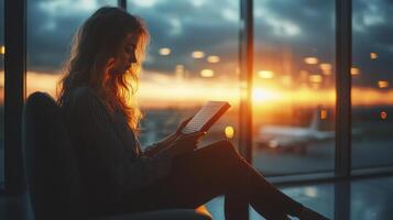 Businesswoman Reviewing Documents at Sunset in Airport Lounge Setting photo
