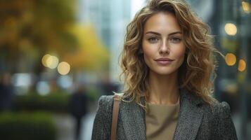 Confident Businesswoman Walking in Urban Environment with Blurred Background photo