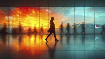 Confident Businesswoman Walking at Modern Airport Terminal with Sunset Reflection photo