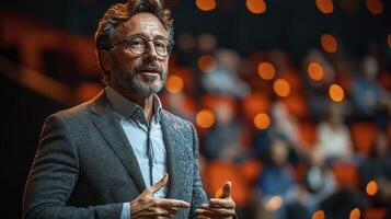 Confident CEO Delivering Engaging Speech to Enthusiastic Audience in Modern Venue photo