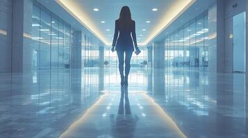 Businesswoman Walking Through Modern Office Space with Reflections photo