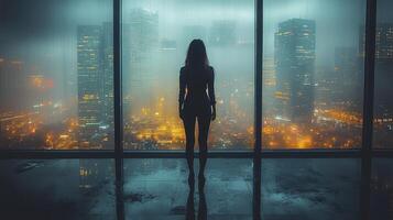 Confident Businesswoman Silhouette Against Cityscape at Night with Fog and Lights photo