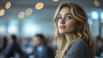 Businesswoman Taking Notes with a Thoughtful Expression in a Conference Setting photo