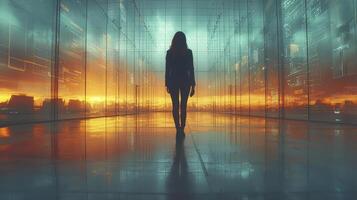 Confident Businesswoman Walking in a Futuristic Cityscape at Sunset photo