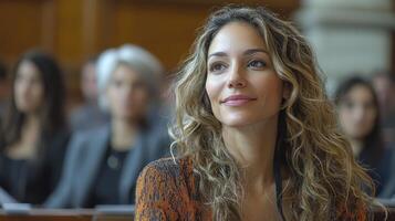 Businesswoman Speaking Confidently and Engaging Audience in Professional Setting photo