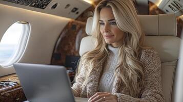 Businesswoman Typing on Laptop While Traveling in Luxury Private Jet Interior photo