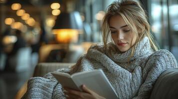 Cozy Businesswoman Reviewing Documents in Modern Workspace with Warm Lighting photo