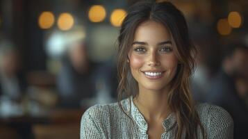 Confident Businesswoman Smiling in Bright, Modern Cafe Environment photo