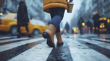 Businesswoman Crossing Street in Urban Environment on a Rainy Day photo