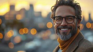 Confident Business Professional Smiling in Urban Sunset Background photo