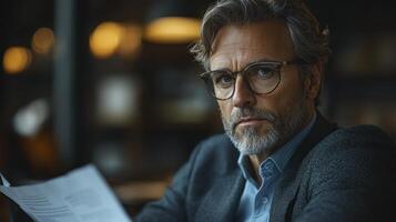 CEO in Office Reviewing Important Reports with Focused Expression photo
