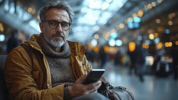 Professional Man with Smartphone at Airport Lounge Looking Thoughtful and Engaged photo